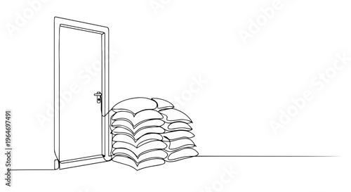 Sandbags in front of a door one line drawing. Continuous line art illustration of flood protection and emergency preparedness. Minimalist vector graphic isolated on white background