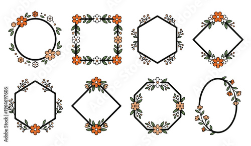 A collection of eight decorative floral frames in various geometric shapes for wedding designs