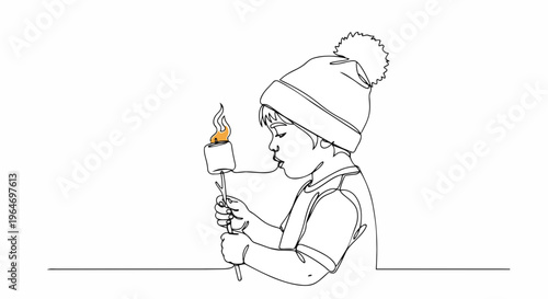 Boy roasting marshmallow on fire continuous one line drawing. Minimalist camping vector illustration