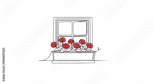 One line drawing of a window with a flower box. Minimalist spring window with red flowers vector illustration. Isolated on white background