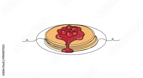 One line drawing of pancakes with red berry syrup. Minimalist breakfast food vector illustration. Isolated on white background