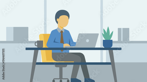 Professional man working on laptop at office desk, flat design illustration