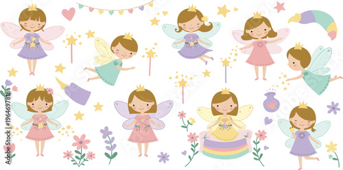 Whimsical illustration of cute cartoon fairies in various poses and dresses with flowers and stars