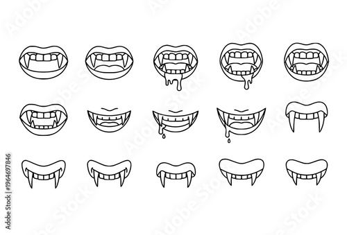 Vampire teeth outline icon set with sharp fangs and spooky Halloween symbols in black and white editable stroke vector