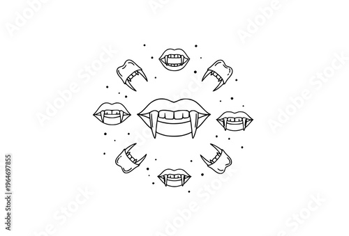 Vampire fang symbols in circular layout with bite marks and spooky teeth icons in black outline editable stroke vector style