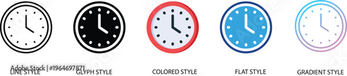 Analog wall clock icon representing time management, schedule and deadlines. Set of timer symbols in line, glyph, colored, flat and gradient styles for UI, web, and mobile app design.