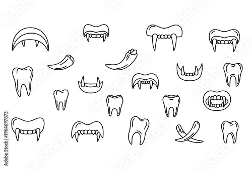 Minimal vampire teeth icons with sharp fang shapes and bite symbols in black and white outline editable stroke vector