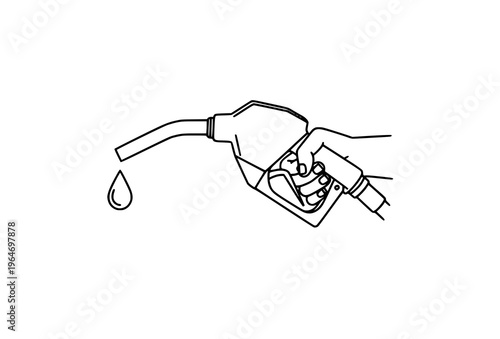 Gasoline nozzle in hand with dripping fuel drop outline vector symbol for energy crisis and fuel consumption concept