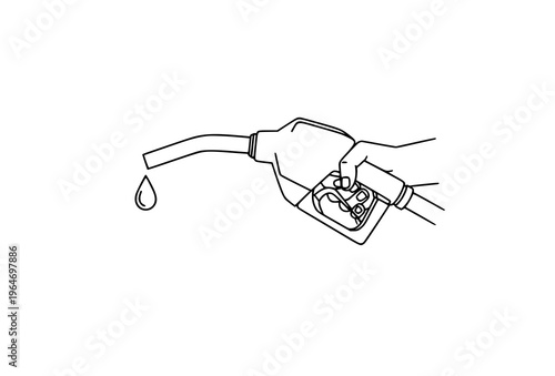 Gasoline nozzle in hand with dripping fuel drop outline vector symbol for energy crisis and fuel consumption concept