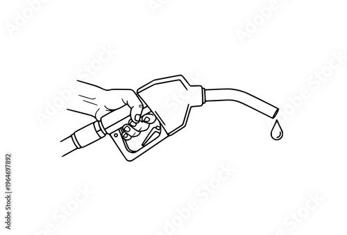 Hand holding fuel nozzle with last drop outline icon representing gasoline shortage in editable stroke vector style