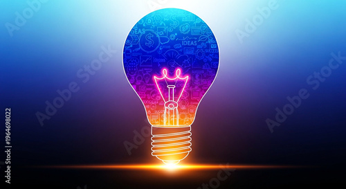 Glowing light bulb with business icons, creative idea concept in neon colors, innovative thinking and brainstorming symbol on dark background