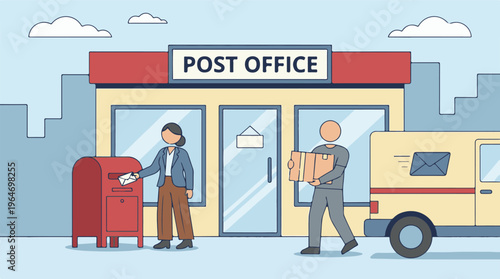 People mailing letters and packages at a post office with mail truck