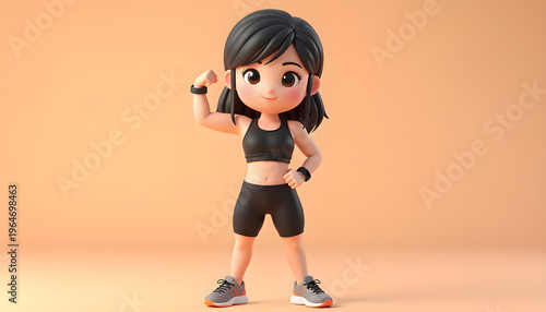 Cute cartoon girl flexing bicep, showing strength and confidence on a warm background.