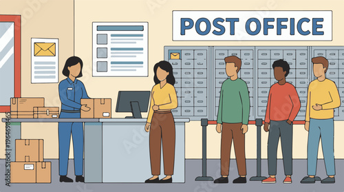 Postal worker assists customer with packages in a busy post office.