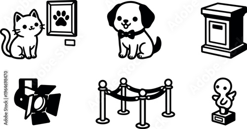 Black and white cute cat dog museum exhibit icons set