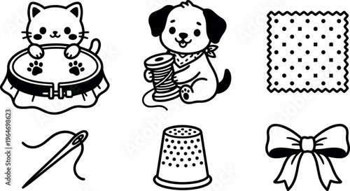 Cute cat with embroidery hoop and playful dog with thread spool vector art