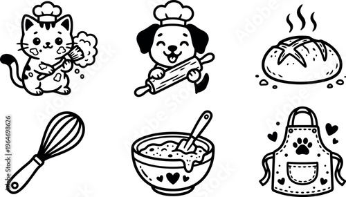 Black and white line art cute cat dog baking bread whisk bowl apron