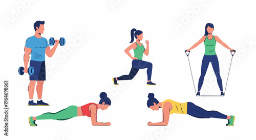 Diverse Fitness Activities - Strength Training, Cardio, and Core Work.