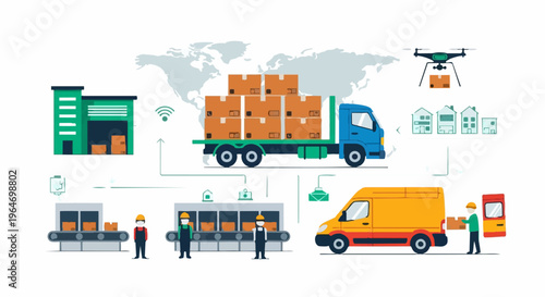Modern Logistics and Supply Chain Management Illustration with Transportation and Warehouse.