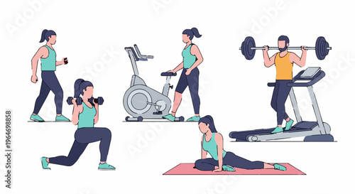 Diverse Fitness Activities - Strength Training, Cardio, and Stretching.