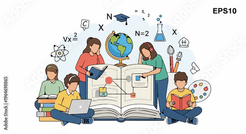 Group of students learning together with a large open book and educational symbols.