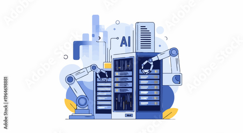 AI-Powered Data Center Automation with Robotic Arms and Server Racks.