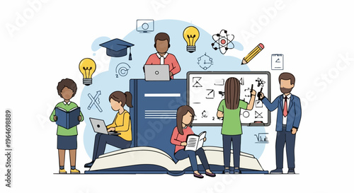 Diverse students learning together with a teacher in a classroom setting.