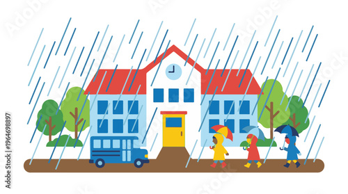 Rainy day at school with children in raincoats and umbrellas