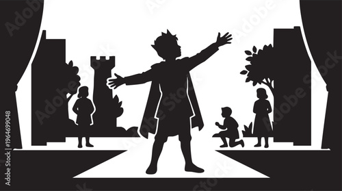 Silhouette illustration of a theatrical performance with a child actor on stage