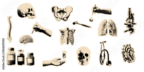 Set of vintage medical halftone cutouts. Collection of pop art stickers usable for collage or mix media design. Retro anatomy elements for clinic and doctor.