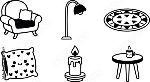 Black and white cozy home objects armchair lamp candle table pillow rug cute faces vector art