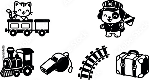 Black and white cat riding train and dog conductor with suitcase and whistle vector art