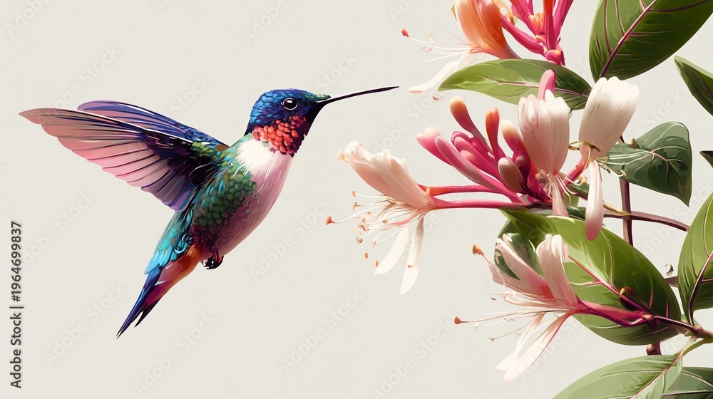 Naklejka premium Colorful hummingbird hovering near pink and white flowers with green leaves, showcasing intricate feather details and vibrant colors against a light background
