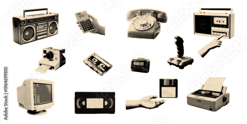 Retro devices halftone cutouts set. Collection of sticker usable for mix media collages and pop art scrapbook.