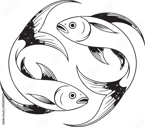Stylized black and white fish illustration depicting two swimming creatures in circular motion representing zodiac sign Pisces art symbol