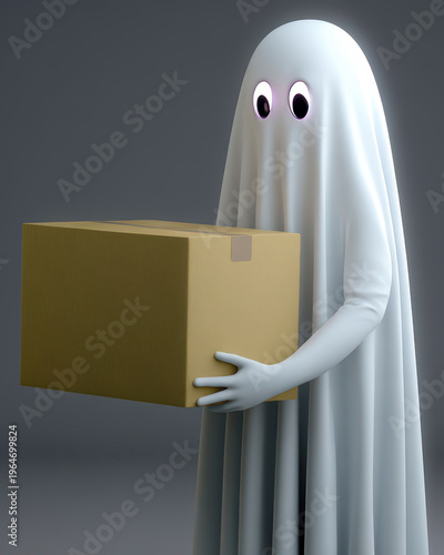 Cute Ghost Holding Package Box Futuristic Delivery Character Abstract AI Courier Assistant Illustration