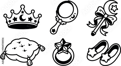Black and white princess crown star moon rattle wand pillow ring shoes icons