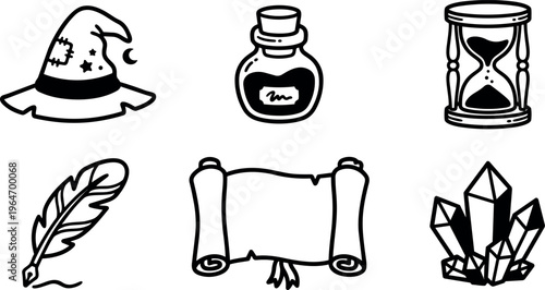 Witch hat bottle hourglass feather scroll and crystals