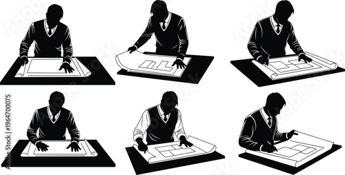 Architect reviewing blueprint silhouettes showing design analysis, drafting process, construction planning, engineering workflow, technical drawing inspection