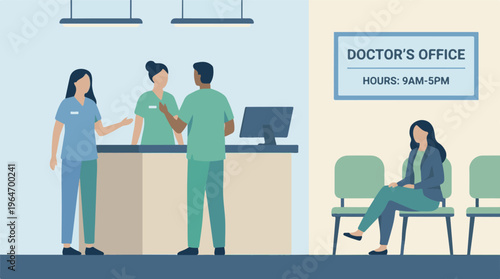 Illustration of medical staff and patient in a doctor's office waiting room