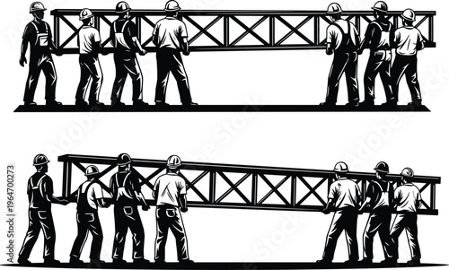 Construction workers carrying steel truss beam silhouettes showing teamwork, manual labor, industrial building process, engineering support structure, teamwork coordination, heavy lifting activity