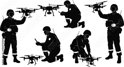 Drone operator silhouette set showing UAV control, aerial surveillance, remote piloting, technology use, military or rescue operations, modern equipment, flight control tasks
