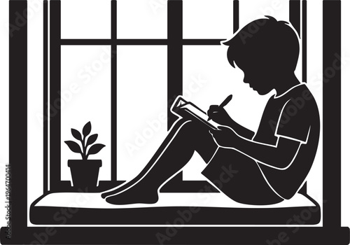 Silhouette of a young boy sitting by a window, diligently drawing or writing in a notebook, fostering creativity and quiet contemplation