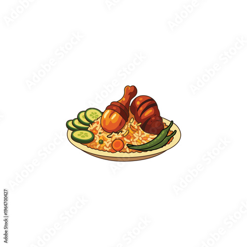 Delicious Chicken Biryani with Sliced Cucumber and Green Chili – Digital Illustration