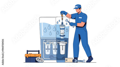 Water Filter Technician: A skilled technician, meticulously maintaining a water filtration system, ensuring optimal performance and clean water supply.