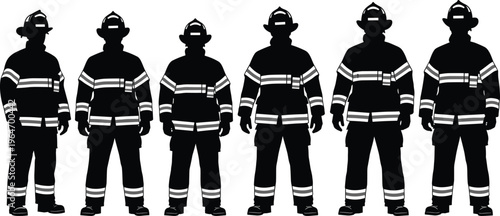 Firefighter silhouettes standing in uniform showing emergency response personnel, fire rescue service, safety gear, professional protection, team lineup concept