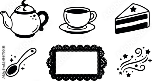 Black and white mystical teapot cup cake spoon and decorative tray vector art