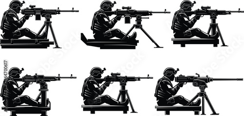 Military soldier operating mounted machine gun silhouettes showing tactical firing positions, heavy weapon system, combat training, defense operations, battlefield equipment, armed forces concept
