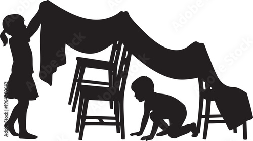 Silhouetted children building a blanket fort, a timeless symbol of imaginative childhood play and creativity