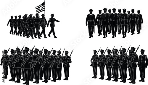 Military parade silhouettes with soldiers marching, carrying rifles and flag, ceremonial formation, armed forces discipline, honor guard, national event, uniformed personnel concept